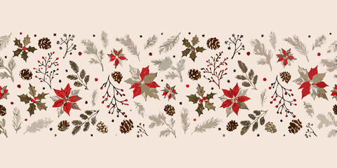Festive seamless pattern with poinsettia pine cones and winter botanicals