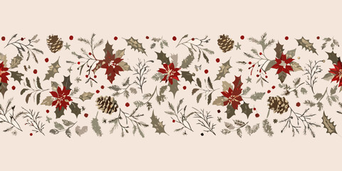 Festive seamless pattern with poinsettias holly pinecones and winter foliage