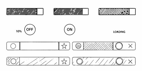 Interface elements depicting progress status and control options in a schematic style