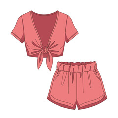 Illustration of a matching coral pink two piece summer outfit with tie detail
