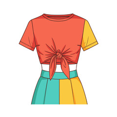 Colorful fashion illustration of a tie front top and two tone skirt ensemble