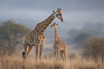 Obraz premium Giraffe mother and baby bonding in African grassland with soft natural light and misty background creating peaceful and tender wildlife moment
