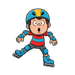 A surprised cartoon boy wearing roller skates and protective gear