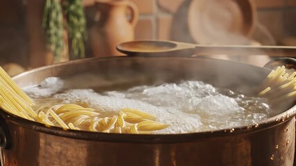 Boiling Pasta in Large Pot on Stove.