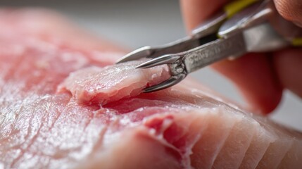 Closeup of specialized pin bone removal tool gripping fish bones precisely from fresh fillet highlighting meticulous extraction for culinary preparation.