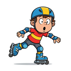 A surprised cartoon boy enjoying a fast ride on roller skates