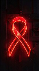 Red ribbon shines neon on a dark, weathered surface