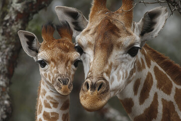 Naklejka premium Giraffe mother and calf close up portrait showing detailed fur pattern and gentle expression in natural habitat with blurred background creating warm and protective atmosphere
