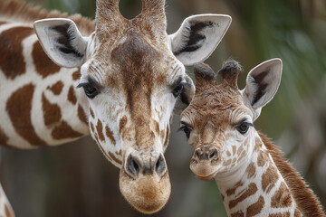 Giraffe mother and young close up portrait showing detailed fur pattern and gentle expression in natural environment with blurred background