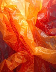 Wrinkled, translucent plastic glows with orange, red, yellow