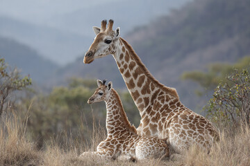 Obraz premium Giraffe mother standing over resting calves in natural grassland with blurred mountain background, peaceful wildlife scene with warm light and calm atmosphere