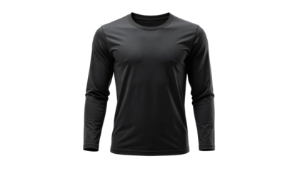 Front view of a dark long-sleeved athletic shirt against a black background
