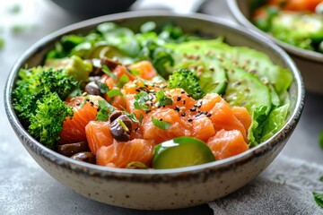 A bowl of salmon salad with avocado, cucumber, and broccoli on a gray table.