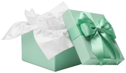 Light green gift box opened with crumpled white tissue paper