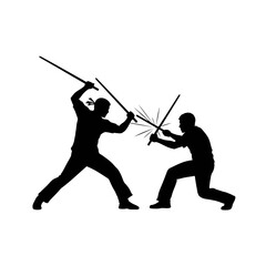 Silhouette of two men engaged in a dynamic sword fighting duel