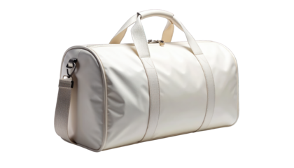 White glossy duffel bag with handles and strap, isolated on a solid dark background
