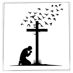 A silhouette of a person praying before a cross with flying birds
