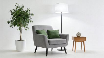 Modern living room corner with gray armchair, green cushions, floor lamp, wooden side table, and potted plant
