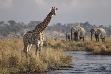 Obraz premium Giraffe standing near water with elephant herd in background on grassy savannah under cloudy sky, peaceful wildlife scene in natural habitat