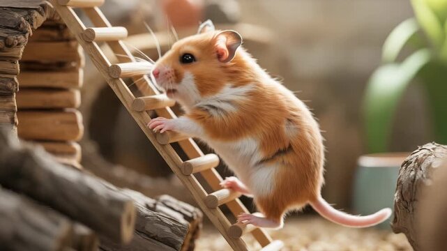 Playful hamster climbing wooden ladder in cozy cage
