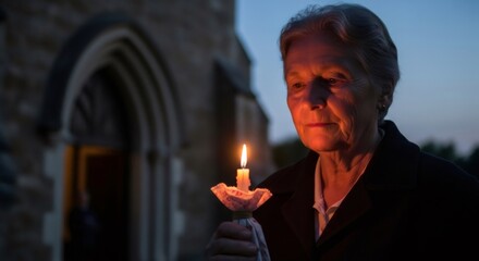 Woman holding a lit candle outside a church at night. Religious concept for Palm Sunday procession or Good Friday vigil.