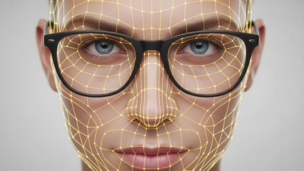Digital illustration of a human face with a wireframe overlay, showcasing advanced technology and design concepts, emphasizing facial features and geometric patterns in a modern aesthetic