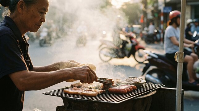 Street food vendor grilling meat on busy urban roadside