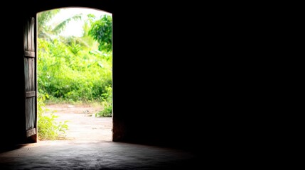 Rustic wooden door opening to bright tropical greenery against dark interior, strong contrast and symbolism, editable scene ideal for hope, escape or transformation concepts.
