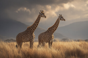 Obraz premium Giraffe pair standing in golden grassland with layered clouds and distant mountains under soft light creating peaceful and majestic wildlife scene