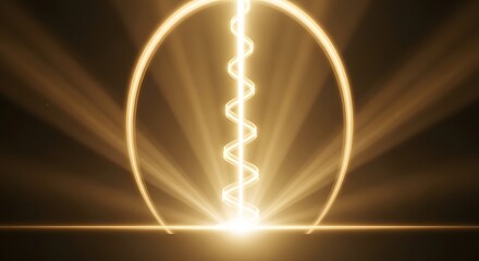 A glowing light bulb with a spiral filament emitting bright rays of light in a dark background