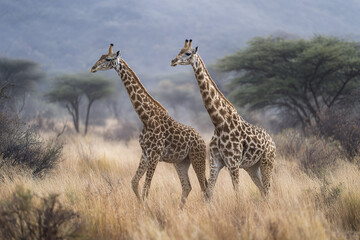 Obraz premium Two giraffe walking through tall dry grass in natural savanna landscape with scattered trees and misty background, showing peaceful wildlife in its habitat