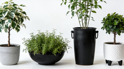 Four potted indoor plants in various containers arranged on a white surface