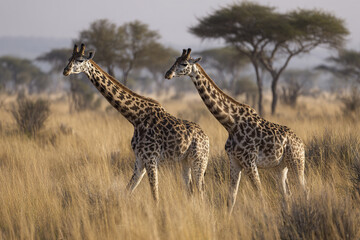 Fototapeta premium Two giraffe walking through tall dry grass in natural savanna landscape with scattered trees under soft light, showing peaceful wildlife scene in open ecosystem