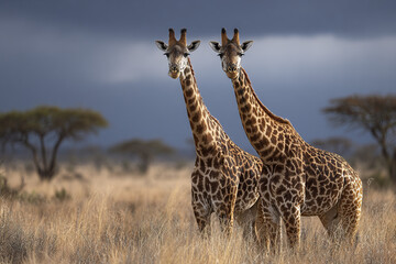 Obraz premium Two giraffe standing in dry grassland with acacia trees under cloudy sky, safari wildlife scene in Africa with calm natural atmosphere