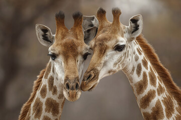 Obraz premium Giraffe pair showing affection in natural habitat with close up detail of their patterned fur and gentle expressions in soft natural light