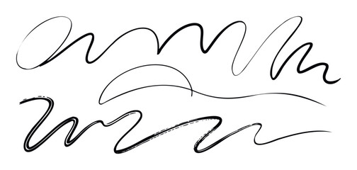 Versatile collection of black ink brushstrokes and squiggles offering dynamic graphic accents for various text emphasis, document embellishment, and decorative overlay applications