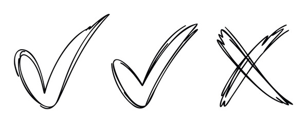 Hand drawn checkmark and cross symbols in a sketchy style provide versatile graphic elements for various user interface designs, educational materials, and task management applications.