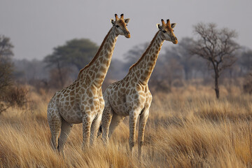 Obraz premium Two giraffe standing calmly in dry savanna grassland with scattered trees under soft natural light during daytime