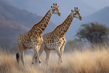 Fototapeta premium Two giraffe walking calmly in dry grassland with mountain background during soft daylight, showing their tall height and patterned fur in peaceful nature scene