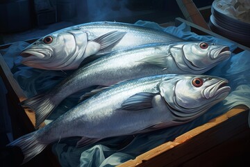 Three freshly caught fish lie on a blue cloth in a wooden crate, ready for the market or kitchen