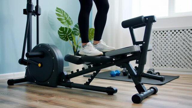 Woman exercising on a stepper machine at home for fitness and wellness