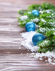 Christmas background. Xmas wreath card with copyspace on wooden background. Christmas ornaments on wood .