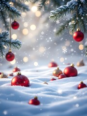 Beautiful christmas background with decor. Selective focus. Winter mountain scene. Christmas fir tree covered with hoarfrost and snow. Holiday. 