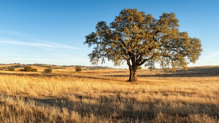 Obraz premium A majestic oak tree standing tall in the center of a wide field, with golden sunlight casting long shadows.