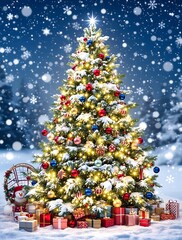 Beautiful christmas background with decor. Selective focus. Winter mountain scene. Christmas fir tree covered with hoarfrost and snow. Holiday. 