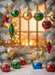 Beautiful christmas background with decor. Christmas tree in the room with holiday decoration, nobody. Xmas celebration for presents, garlands