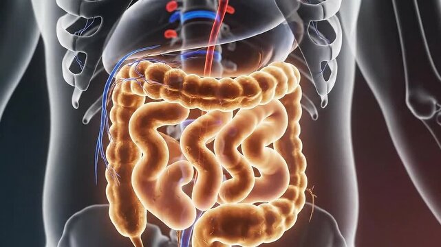 Glowing Human Body Model Depicts Digestive System and Intestine Anatomy on Dark Background for Medical Education