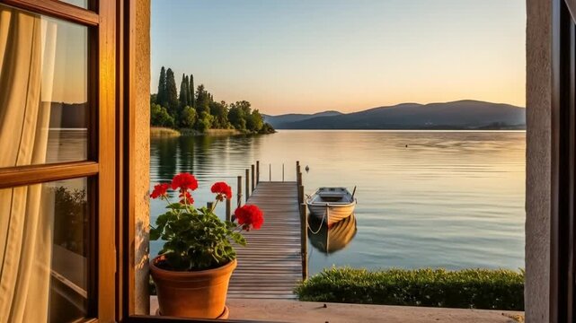 Scenic lake view through an open window in the morning, with a boat and flower pot  creating a