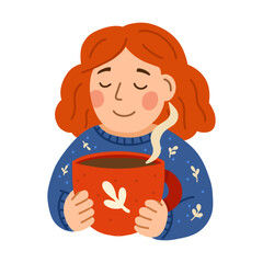 Woman holding a hot mug with steam. Comfort, warm atmosphere. For cafe posters, beverage menus, cozy season designs, stickers and web banners.