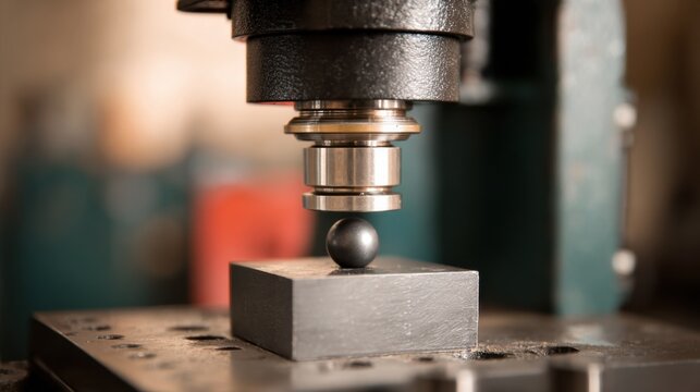 Closeup medium view of a Brinell hardness testing machine applying a steel ball on a metal sample to determine material durability.
